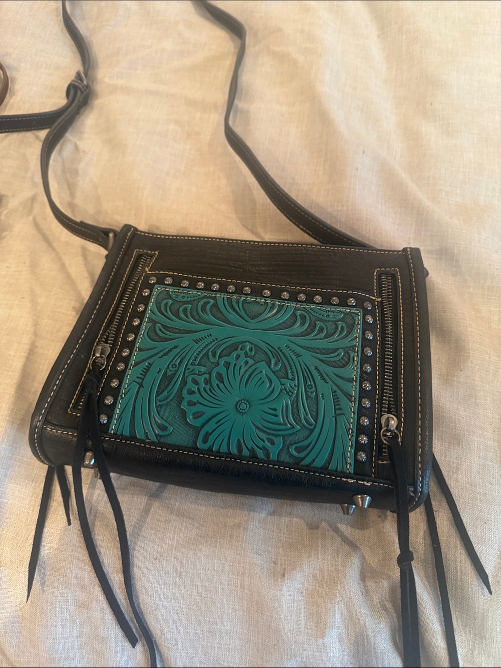 Black Crossbody Bag with Turquoise Tooled Panel